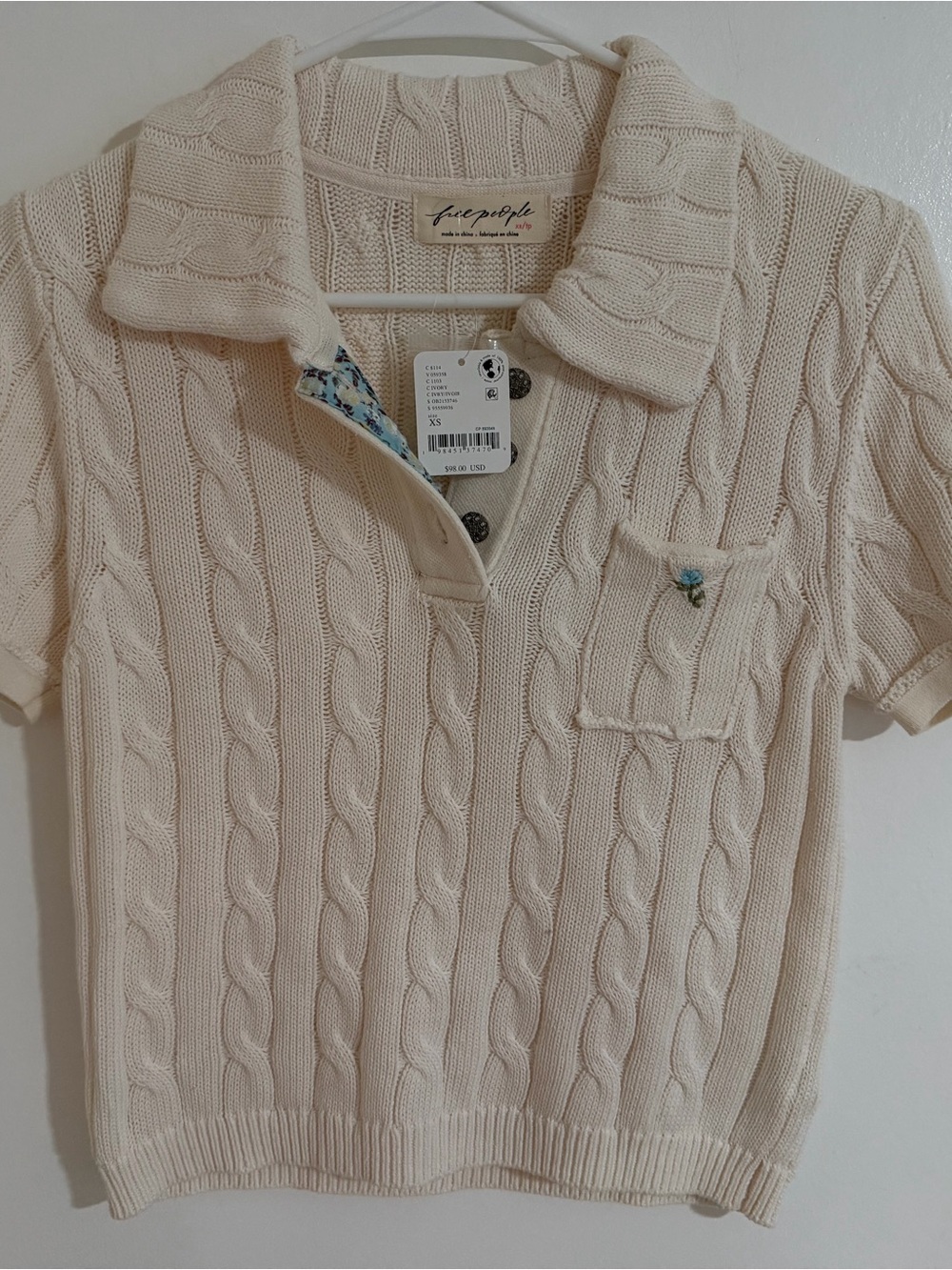 Free People Cream Cable Knit Short Sleeve Polo Sweater